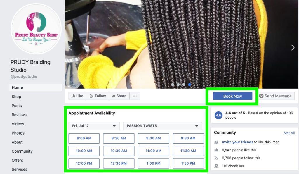 page fb prudy montrant la fonction de rendez-vous