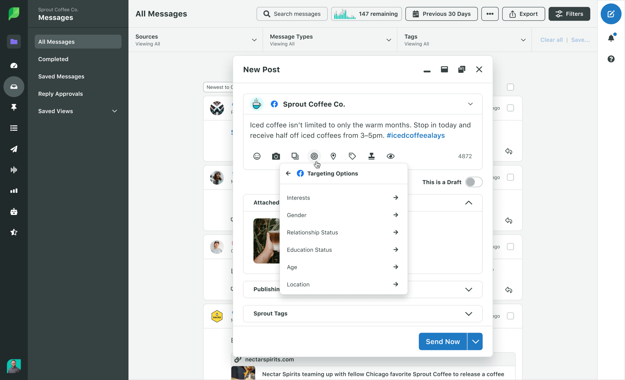 Sprout Social post di targeting di Facebook