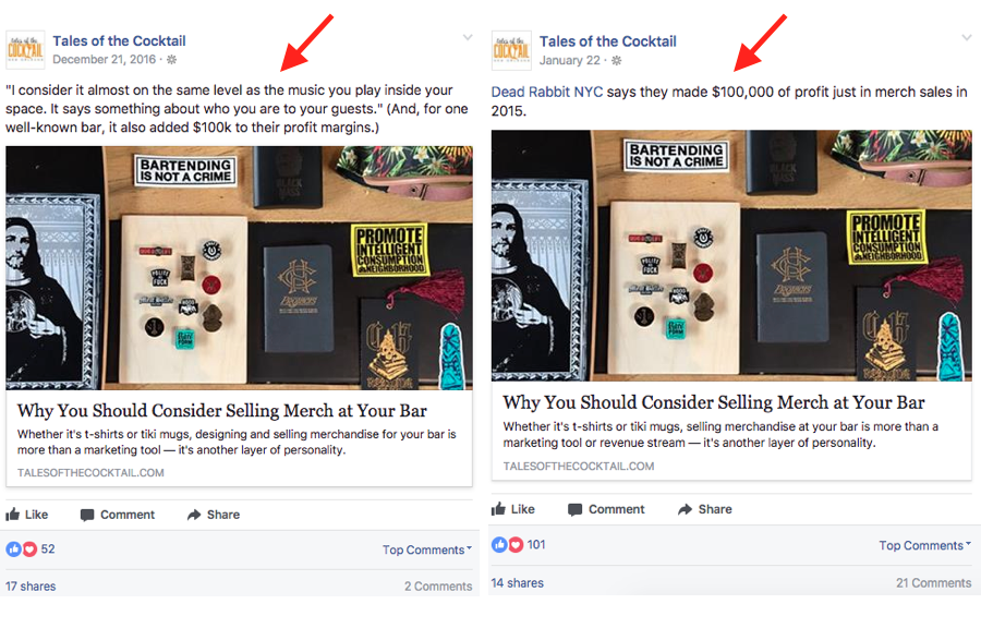 usa una copia di Facebook diversa sui post