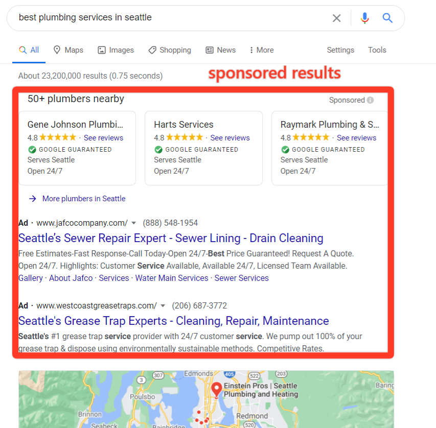 SERP lokal Google untuk layanan pengecatan di seattle, dan kotak merah yang menyoroti hasil yang disponsori