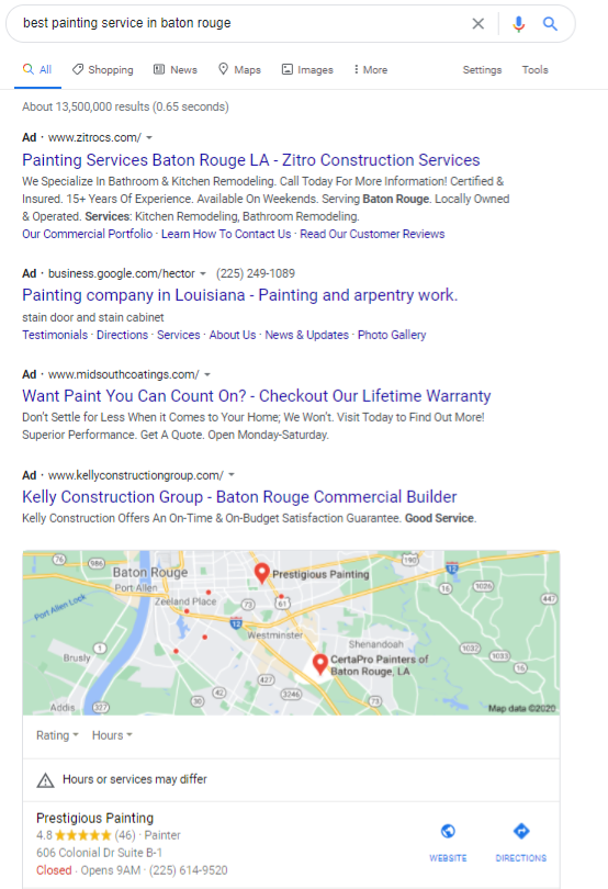 contoh hasil pencarian lokal Google untuk jasa pengecatan terbaik di baton rouge
