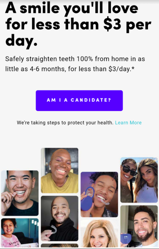 La messaggistica di marketing di smile direct è incentrata sull'accessibilità