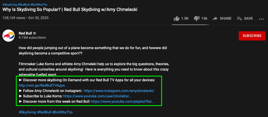 Die YouTube-Videobeschreibung von Red Bull enthält Call-to-Action-Links, die sich auf das Video und seine Marke beziehen.