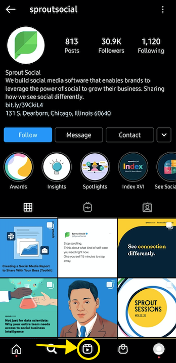 screenshot dell'interfaccia mobile di Instagram che mostra la navigazione dei rulli