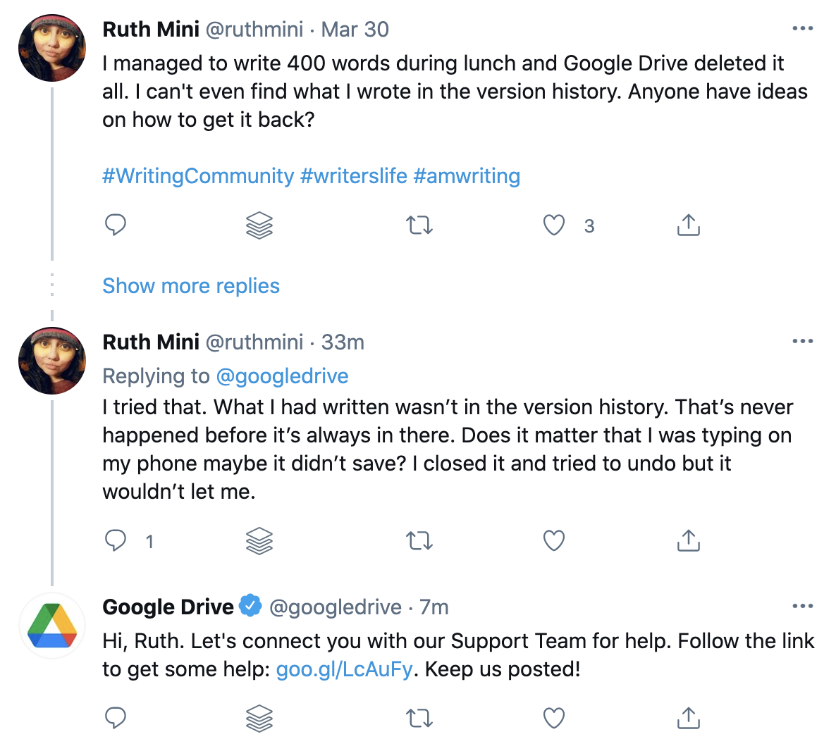 สกรีนช็อตของบัญชี Twitter ของ Google Drive ที่ช่วยลูกค้า