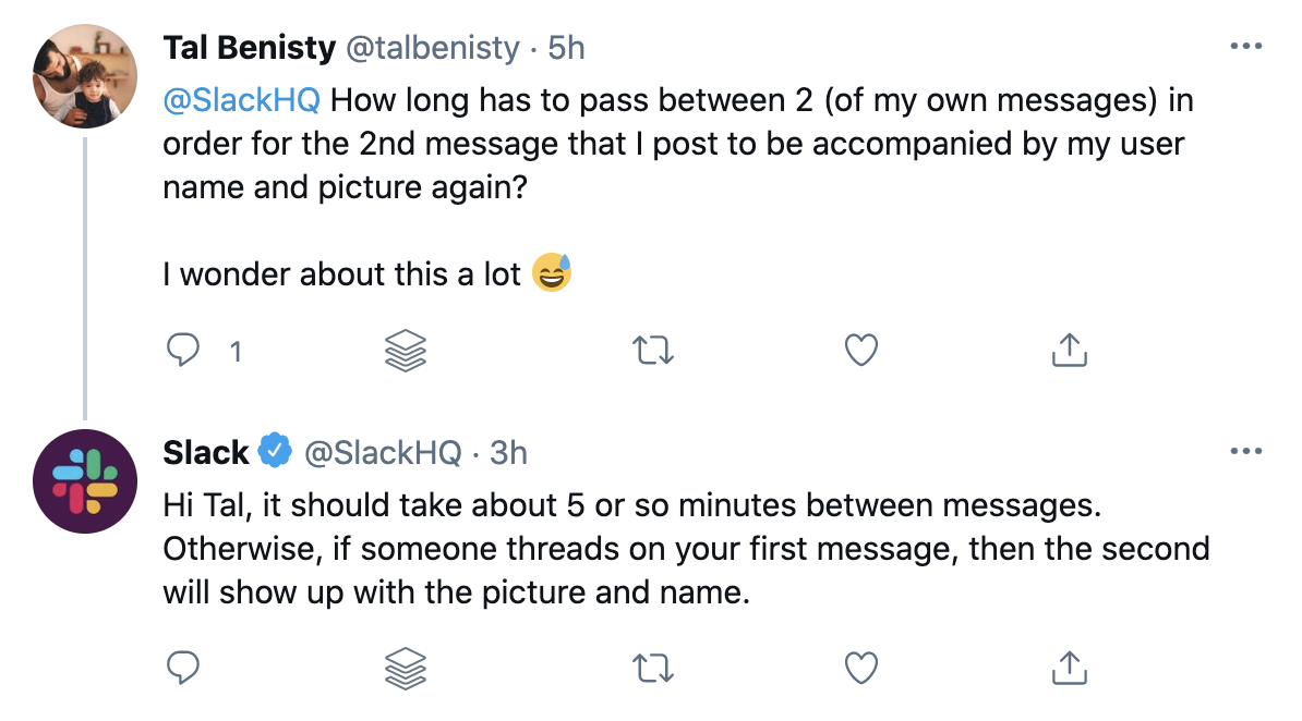 สกรีนช็อตของการบริการลูกค้า Twitter ของ Slack