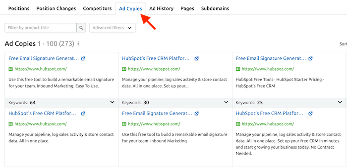 Semrush - Copii reclame HubSpot Semrush - HubSpot Ad Copies