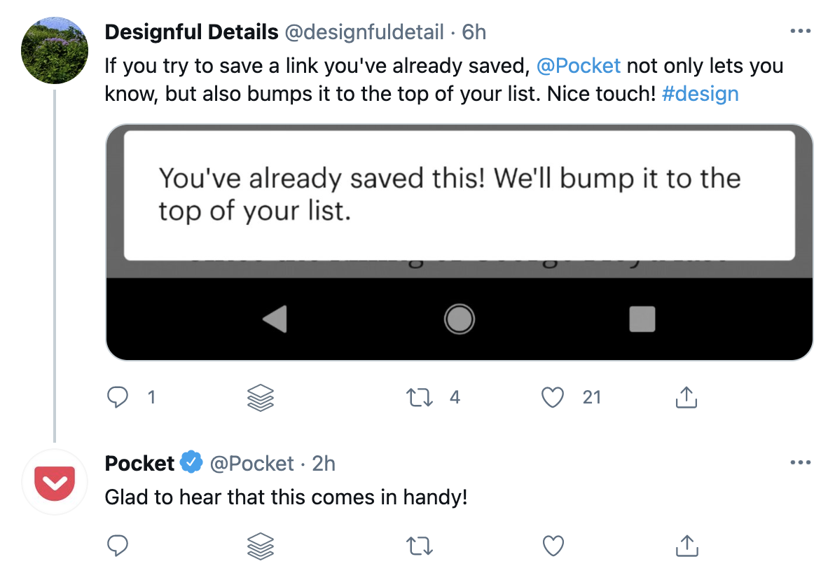긍정적인 트윗에 응답하는 포켓.