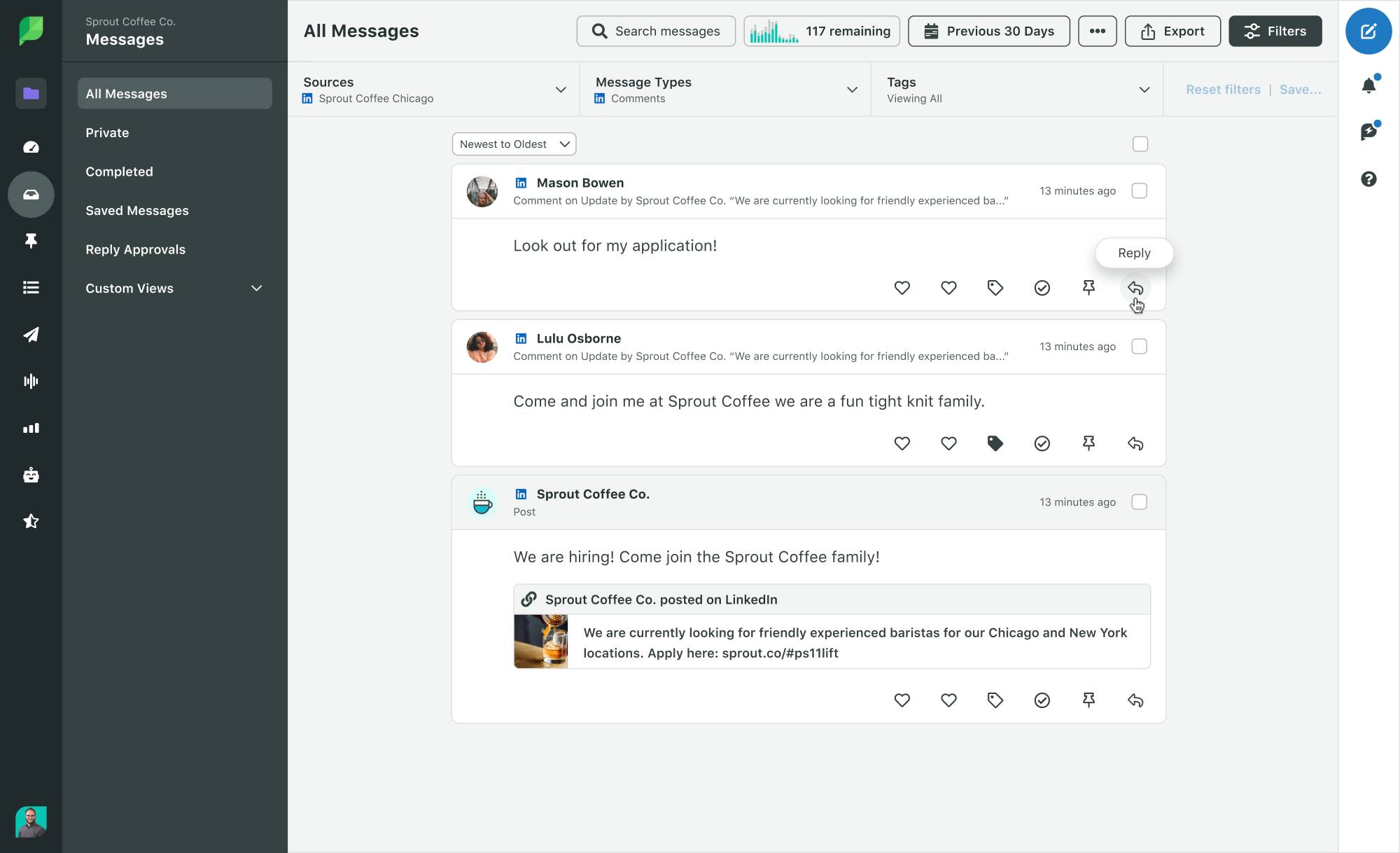 Sprout Social의 스마트 받은 편지함 기능