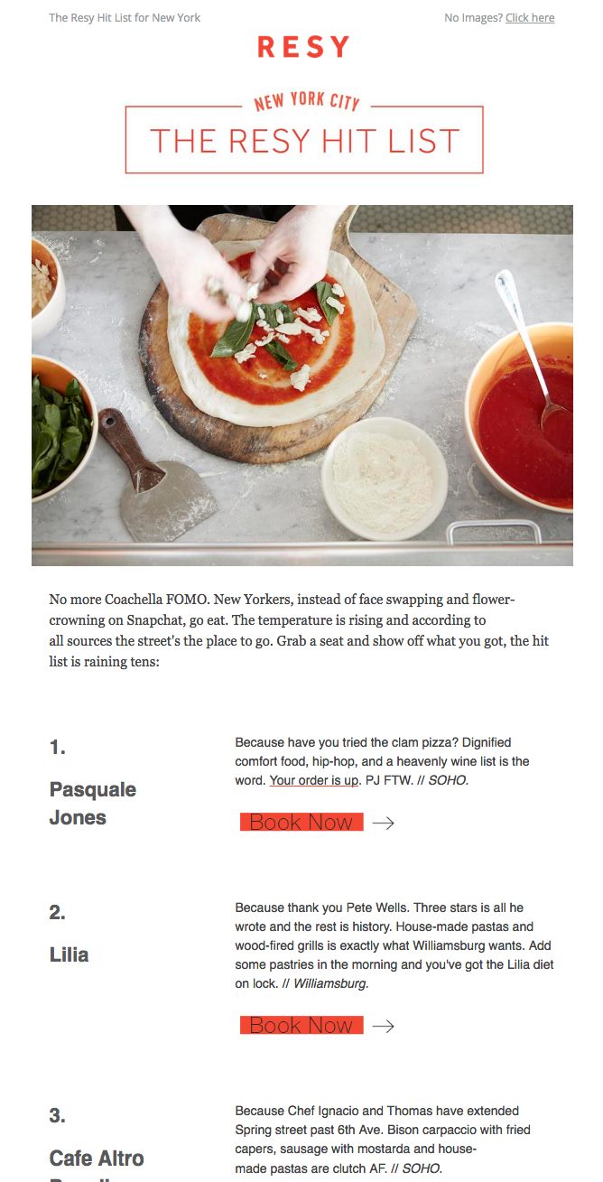 Resy의 뉴스레터 예