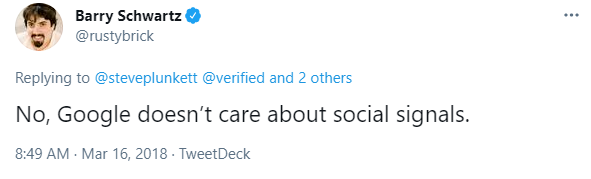 غرد باري شوارتز على تويتر أن Google لا تهتم بالإشارات الاجتماعية.