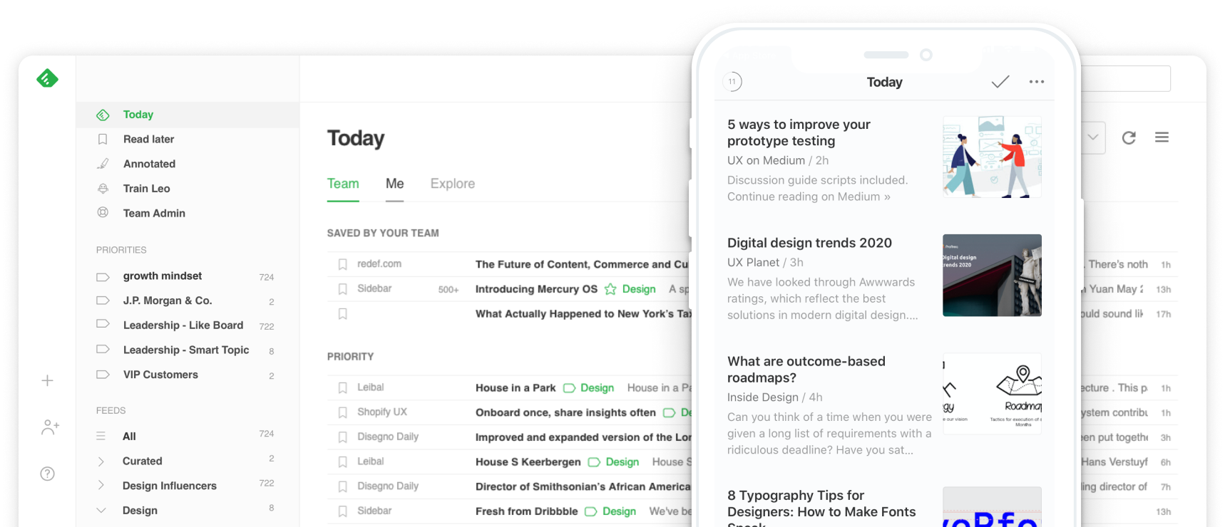 مثال على لوحة معلومات Feedly مع مقالات متعددة في الخلاصة.