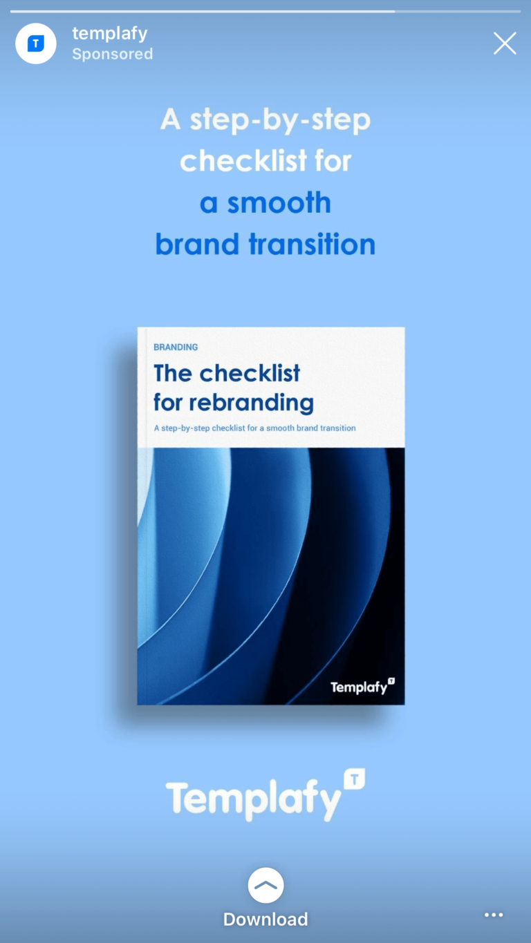 Templafy, potansiyel müşteri mıknatıslarını ve e-posta kayıtlarını tanıtmak için instagram yukarı kaydırma özelliğini kullanır