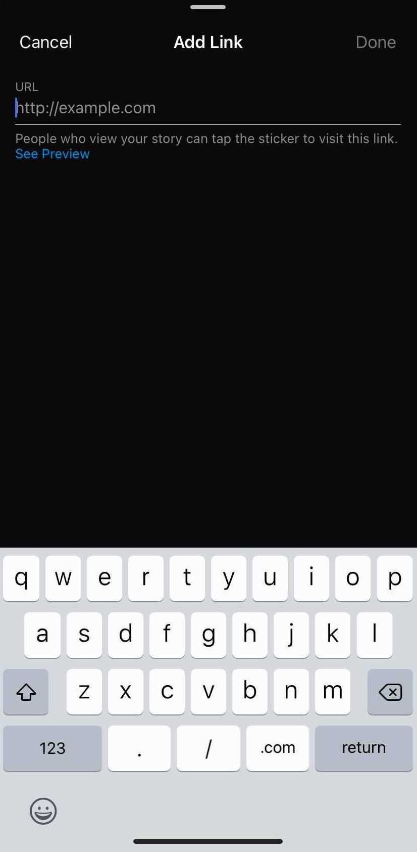 Instagram Stories'de bir çıkartmaya bağlantı eklemek için alan