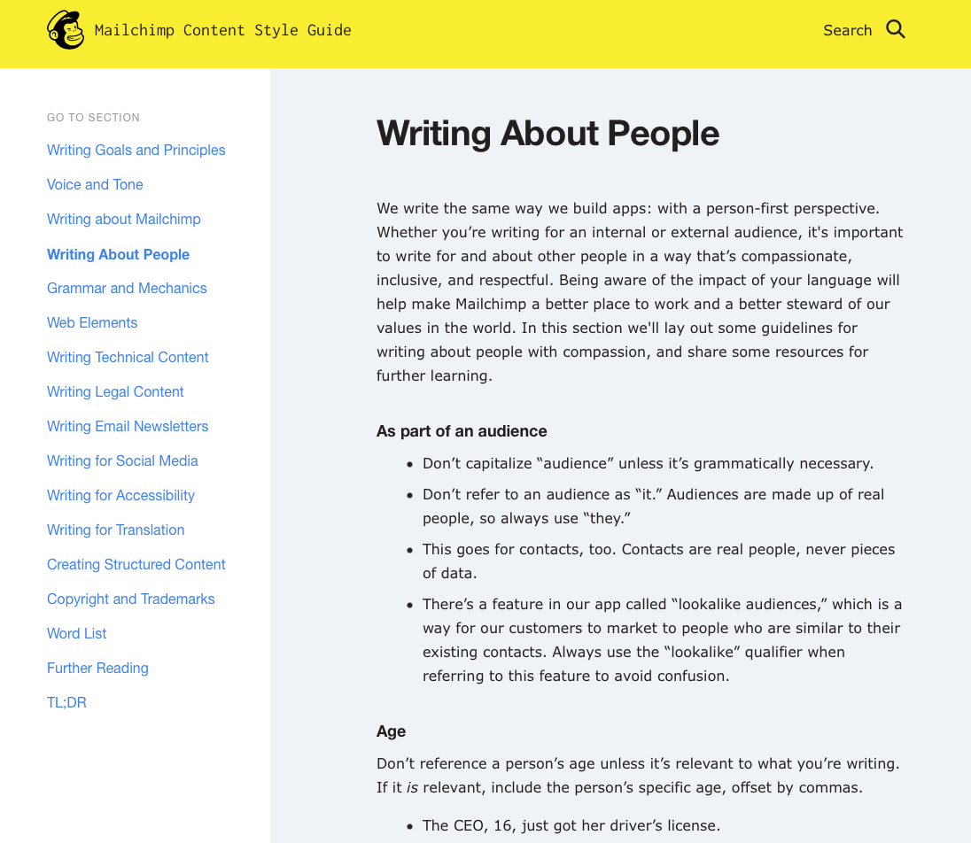 包括的言語の例を含むMailchimpコンテンツスタイルガイドのスクリーンショット