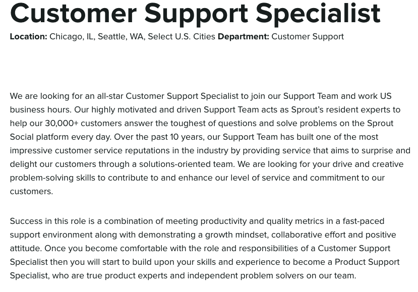 これは、包括的言語を使用し、候補者の代名詞を想定していないSproutSocialの求人情報の例です。
