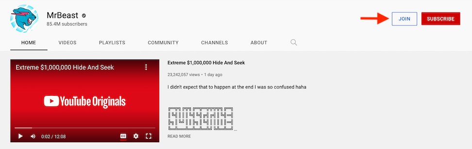 メンバーシップオプション付きのYouTubeチャンネルのスクリーンショットの例。 YouTubeチャンネルのメインページの[登録]ボタンの横に[参加]ボタンが表示されます。