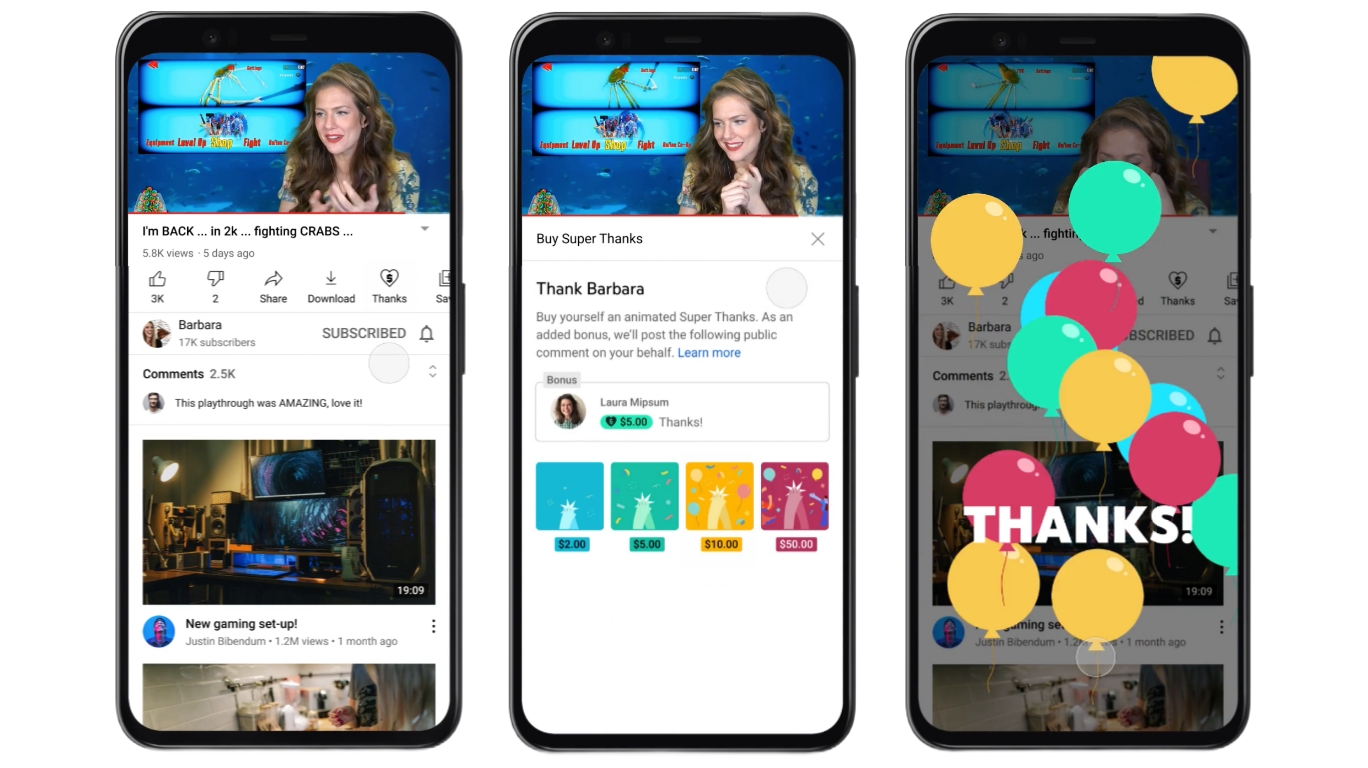 動作中のYouTubeスーパーサンクスの現金化機能の例。