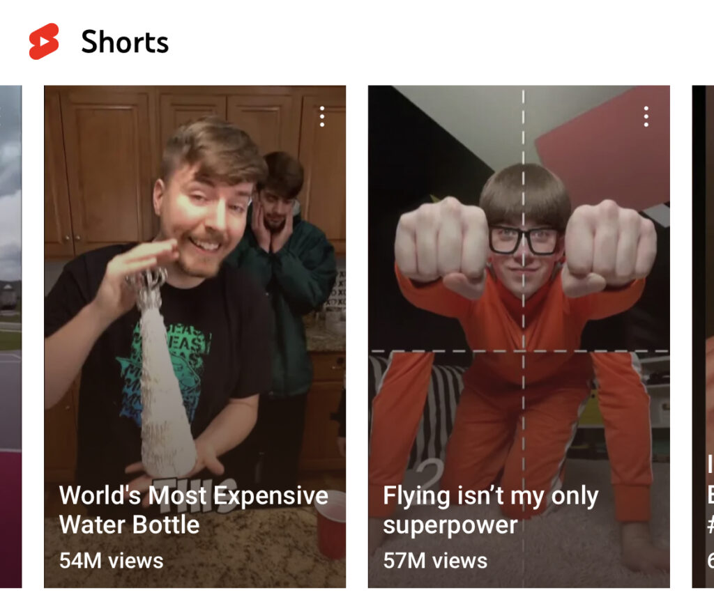 YouTube 主页上的 YouTube Shorts 屏幕截图。