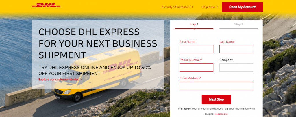 الصفحة المقصودة لشركة DHL Express.