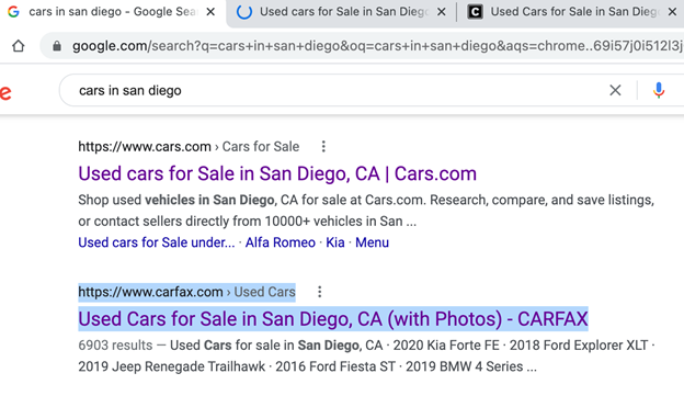 Exemplo de tag de título de SEO "Carros em San Diego"