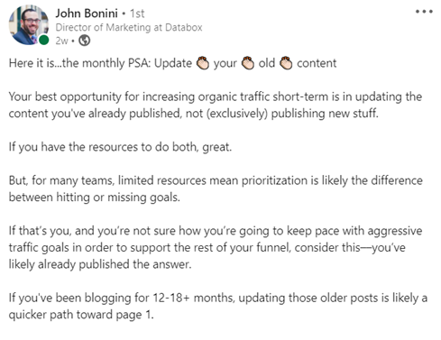 LinkedIn Posting oleh John Bonini dari Databox