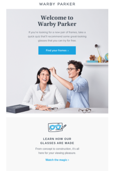 detaliczne przykłady wiadomości e-mail — powitalna wiadomość e-mail od Warby Parker