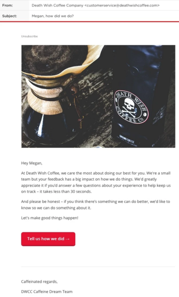 E-mail dotyczący zameldowania Death Wish Coffee z prośbą o opinie klientów