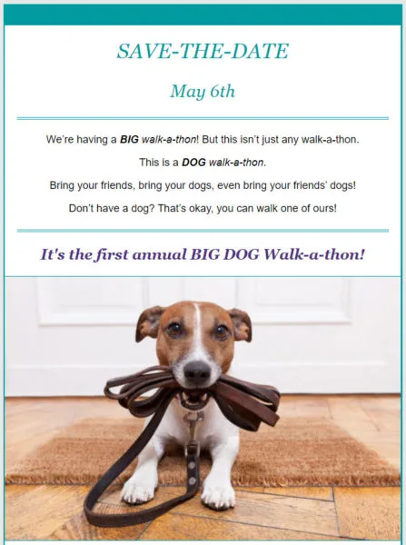 e-mail de anúncio - salve a data para uma organização sem fins lucrativos.