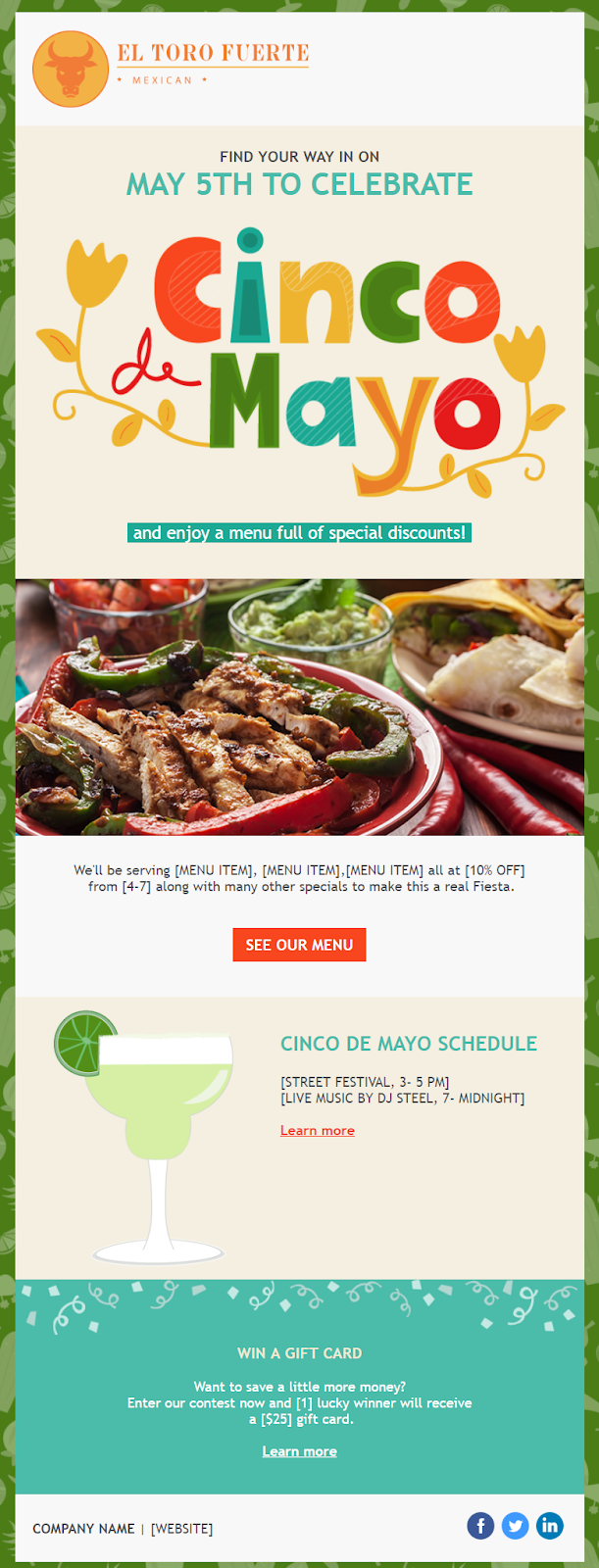 Șablon de invitație prin e-mail pentru restaurantul Constant Contact Cinco de Mayo