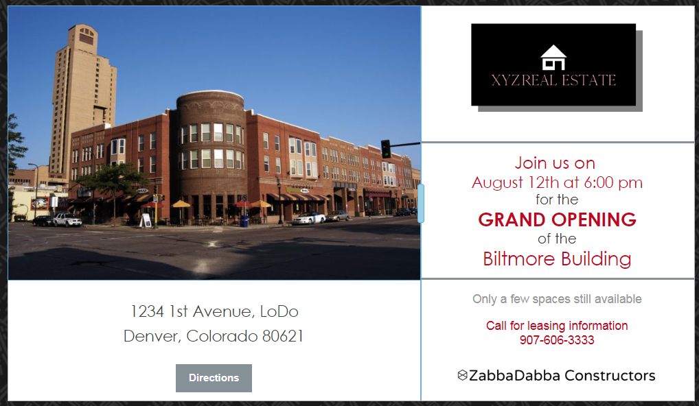 Șablonul de e-mail de bază de carte poștală Constant Contact s-a transformat într-o invitație la evenimentul de deschidere