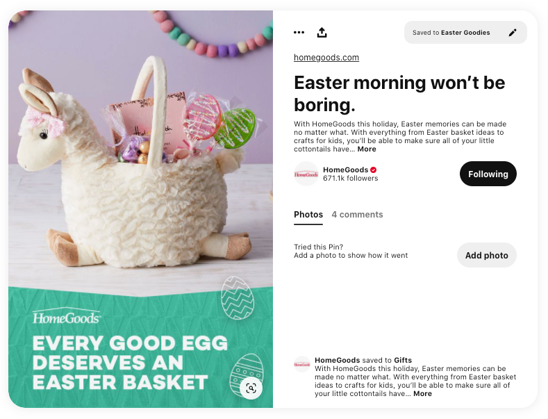 Pinterest'te bir Ev Eşyası Pimi. Görüntü, şeker ve bir kartla dolu lama şeklinde bir Paskalya sepetidir. Aşağıda, "Her iyi yumurta bir Paskalya sepetini hak eder" yazan bindirme metni var. Pin başlığı "Paskalya sabahı sıkıcı olmayacak." ve açıklama önizlemesinde "Bu tatil HomeGoods ile, ne olursa olsun Paskalya anıları yapılabilir. Paskalya sepeti fikirlerinden çocuklar için el sanatlarına kadar her şeyle, tüm küçük pamuk kuyruklarınızın sahip olduğundan emin olabilirsiniz..." yazıyor.