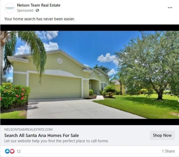 Примеры рекламы недвижимости на Facebook — реклама на Facebook, демонстрирующая качественное изображение с лозунгом о помощи в поиске идеального дома.