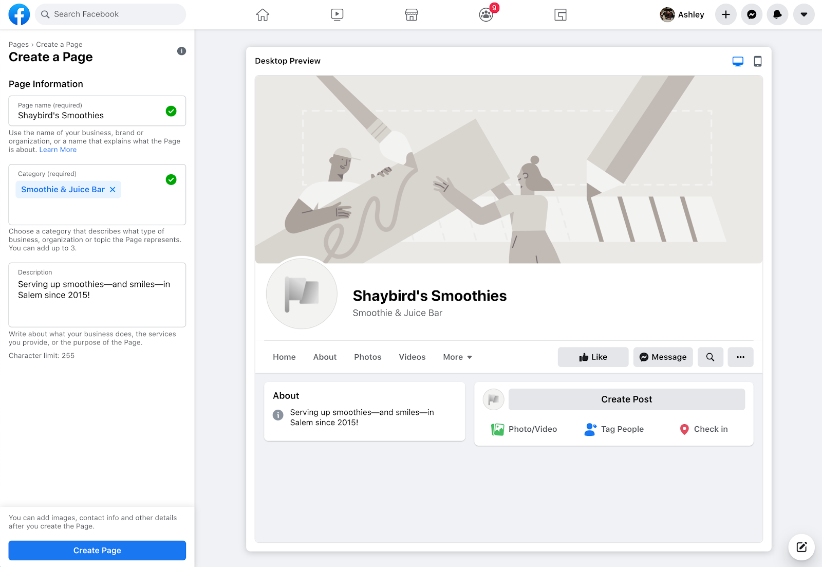 Uno screenshot del flusso "Crea una pagina" di Facebook. Mostra un'anteprima della pagina a destra e le richieste del modulo di informazioni sulla pagina a sinistra.