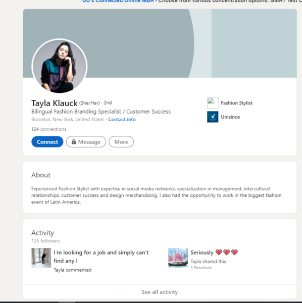 LInkedIn-Seite für Fashion Branding Specialist Tayla Klauck