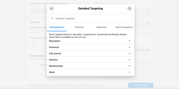 لقطة شاشة لميزة إعلانات Facebook للاستهداف التفصيلي