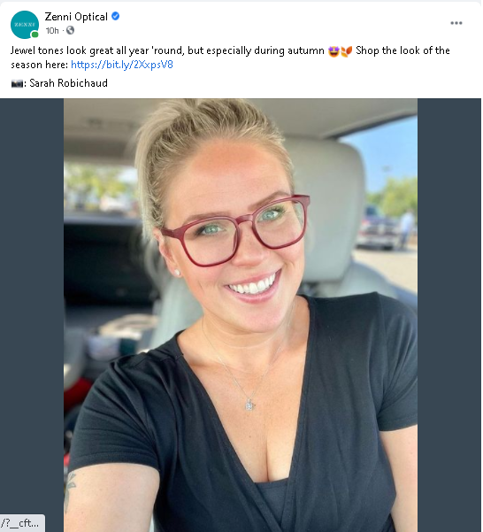 Publicación en las redes sociales de Zenni Optical que muestra a un cliente usando nuevos marcos apropiados para la temporada