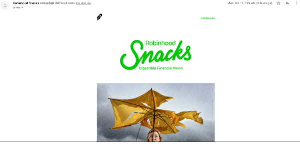 Correo electrónico "Snacks" de Robinhood con breves fragmentos de noticias financieras