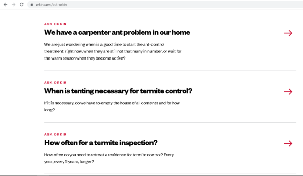 Página de preguntas frecuentes de Orkin.com que dirige a los prospectos hacia su embudo de ventas