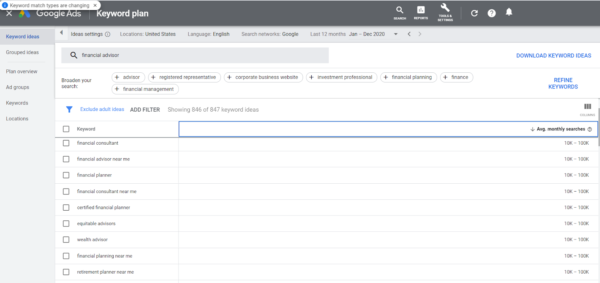 เครื่องมือวางแผนคำหลักของ Google