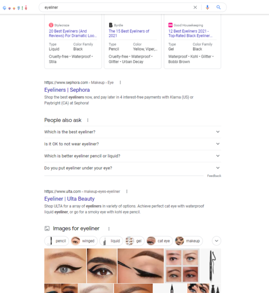 Page de résultats du moteur de recherche pour la requête "eye-liner", affichant le bloc de questions-réponses, les images, les publicités et les résultats organiques