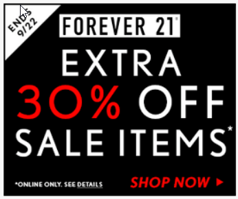 Annuncio di Forever 21 -- in bianco e nero con tocchi di rosso