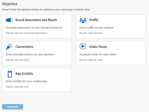 Screenshot der Objektauswahl für Reddit-Anzeigen – Markenbekanntheit und Reichweite, Datenverkehr, Conversions, Videoaufrufe und App-Installationen