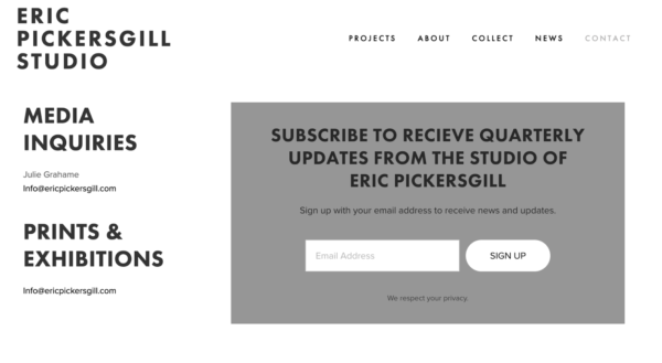 방문자가 아티스트와 연결하는 방법에 대한 아티스트 웹사이트의 예 - 아티스트 : Eric Pickersgill