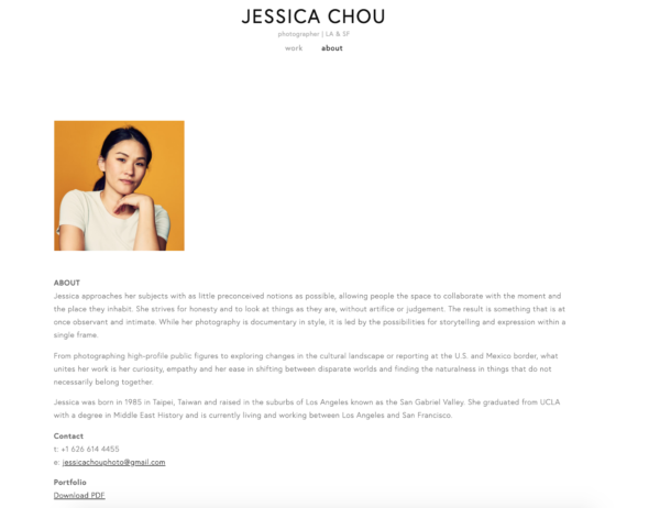 정보 페이지에서 아티스트의 이야기를 전하는 아티스트 웹사이트의 예 - 아티스트: Jessica Chou