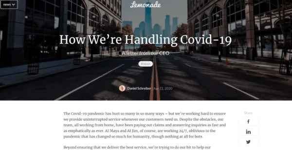 CEOからの手紙を示すレモネードのブログ。