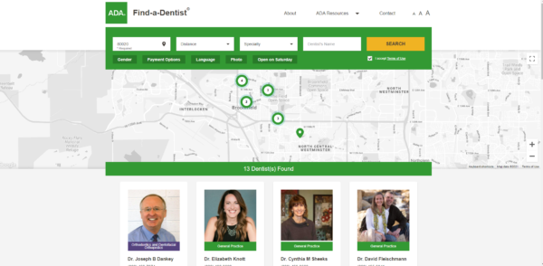 ADAの「歯科医を探す」ページ