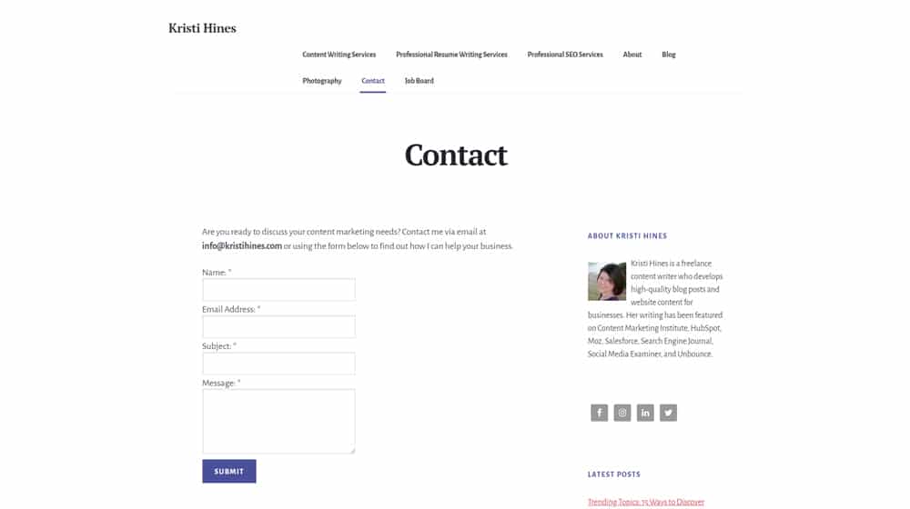 Page de contact de Kristi Hines