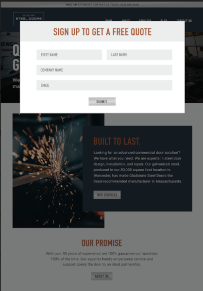¿Qué hace que un sitio web de un fabricante sea excelente? Un sitio web que tiene un formulario de registro emergente para convertir clientes potenciales calificados
