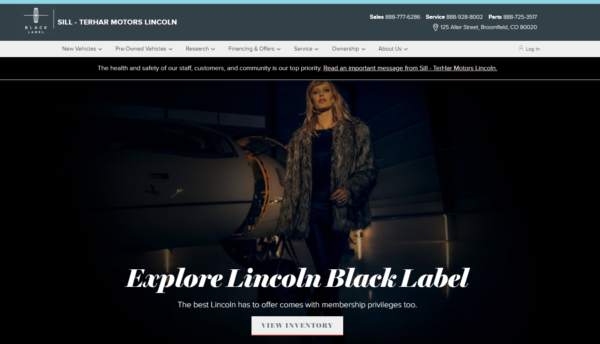 Pagina iniziale Sill-TerHar Lincoln Black Label con un modello in pelliccia in piedi di fronte a un jet privato proiettato in un'ombra scura sul nero